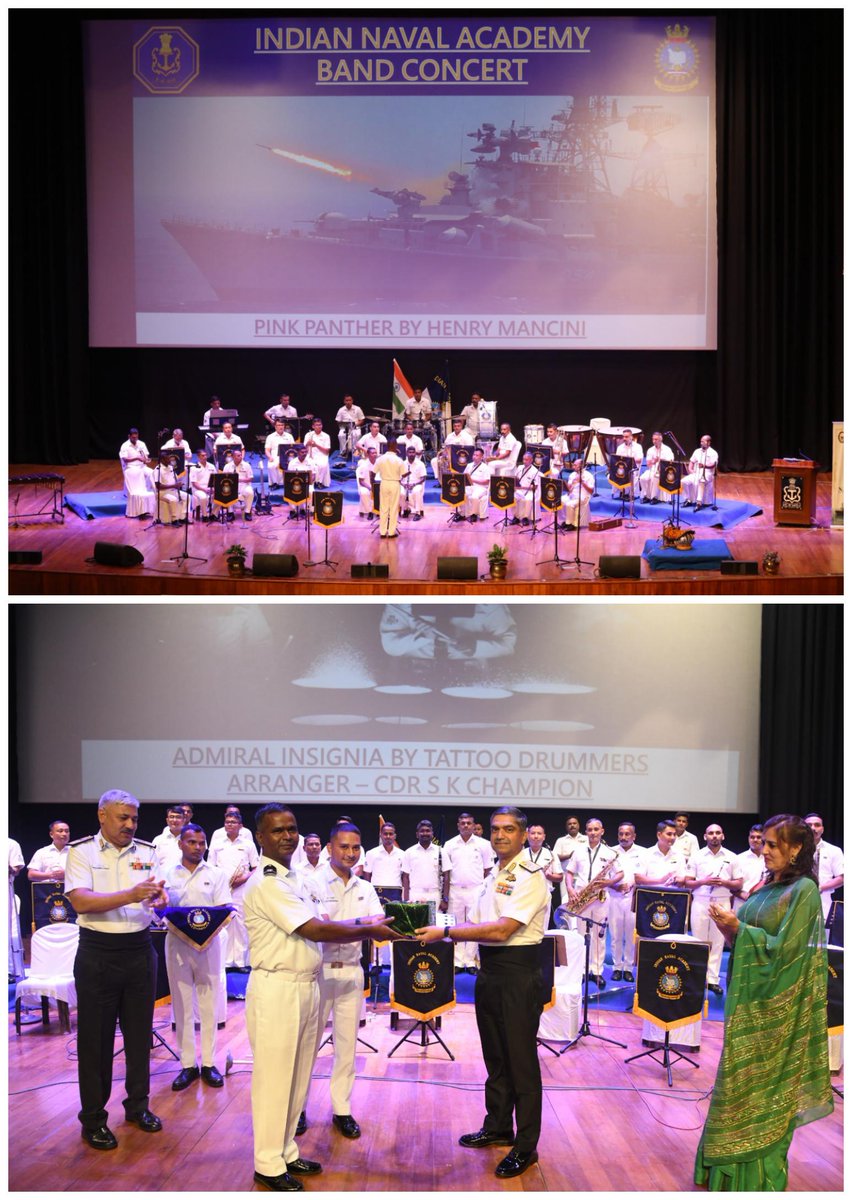IN_NavalAcademy's tweet photo. #AzadiKaAmritMahotsav 
77th Independence Day celebrations #INA,spectacular Band Concert conducted for #StationEzhimala.
Musical extravaganza showcased modern tunes&amp;soul-stirring patriotic renditions. VAdm Puneet K Bahl #Comdt_INA felicitated talented musicians
#HarGharTiranga 🇮🇳 https://t.co/I1duS6qWLv