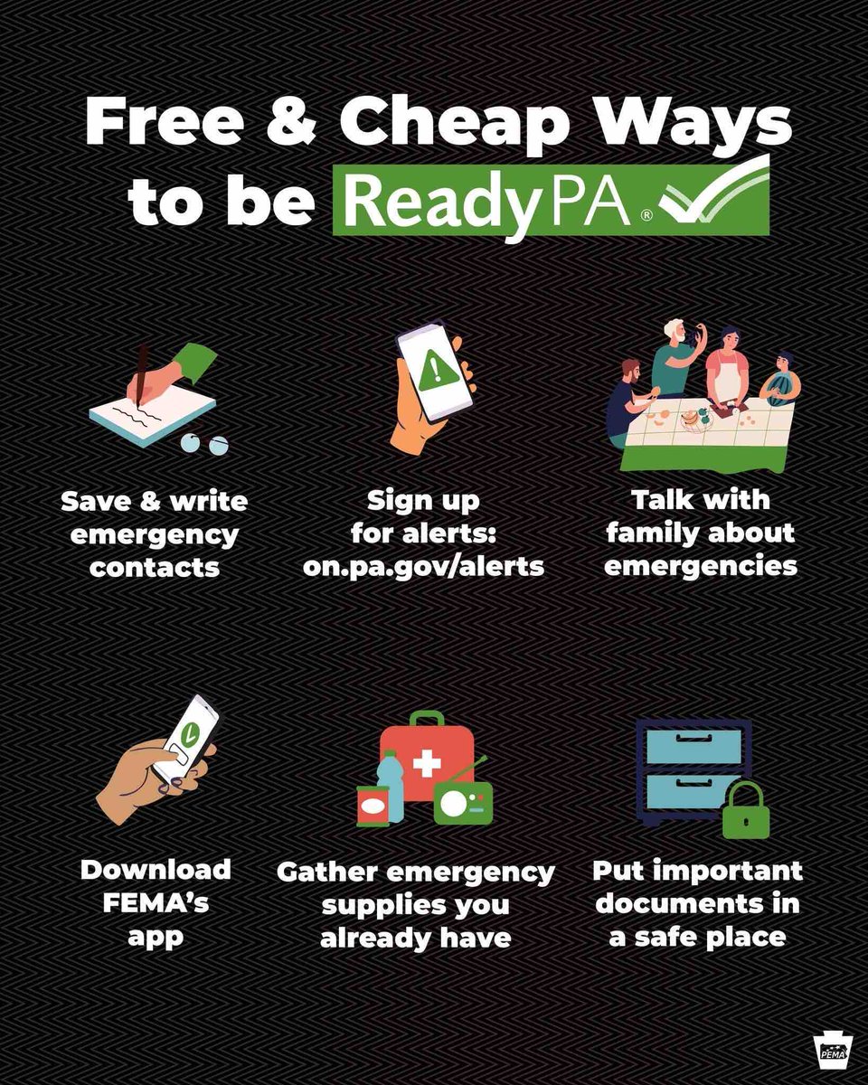 CCDES's tweet photo. Here are some free and cheap ways to be #ReadyPA! Remember to sign up for alerts at https://t.co/oURJ3MuErP! https://t.co/kBnYwEVQyS