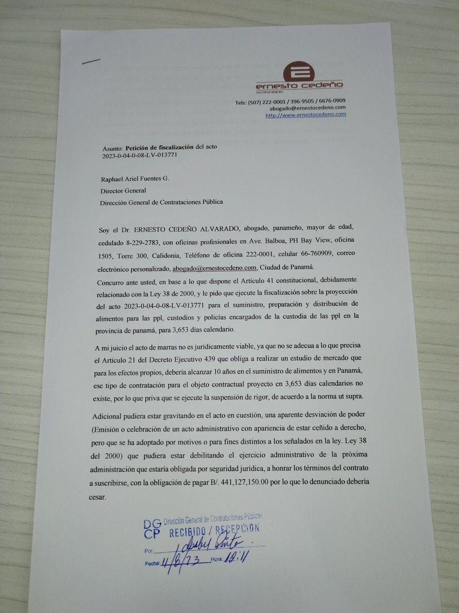 Presentada ya mi petición de suspensión del acto del suministro de comida por 10 años y 400 millones. <a href="/DGCPPma/">Dirección General de Contrataciones Públicas</a> . Veremos que pasa.