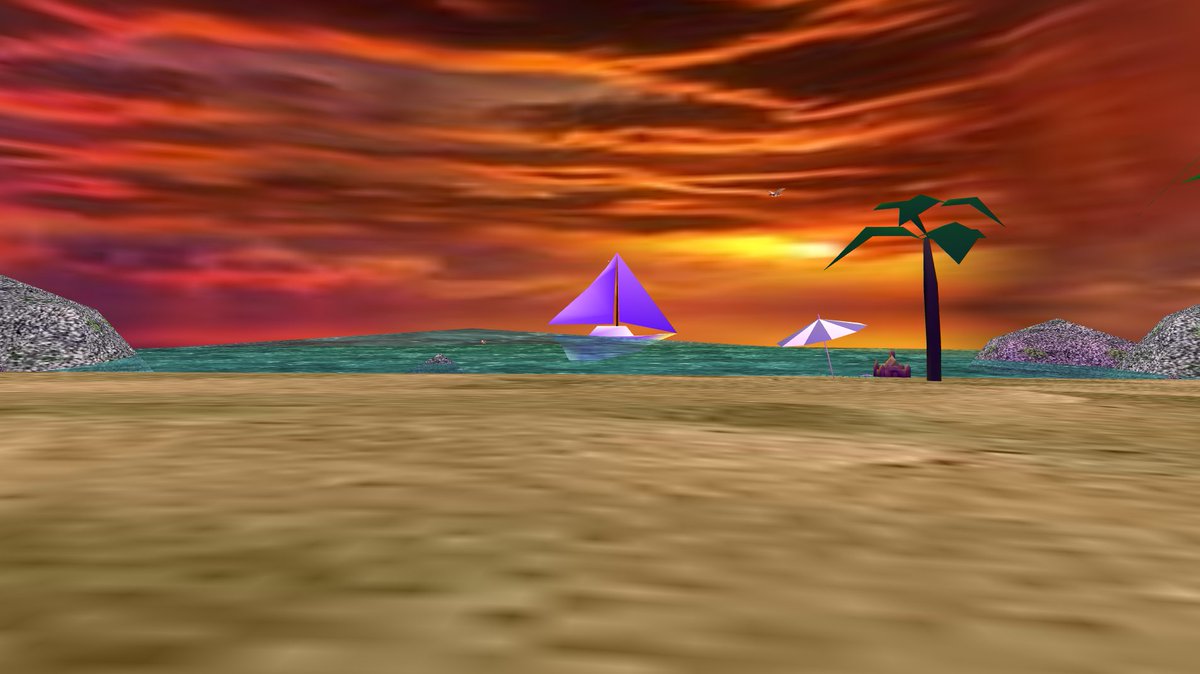 pixelblip1's tweet photo. What a nice evening and sunset on the beach in Cybertown.....I love the lack of shadows under the objects....that is authentic 90's VRML ...oh look someone built a sandcastle... how lovely...where has that low poly seagull gone that flew over my head just now #cybertown https://t.co/yhj25aOh4z