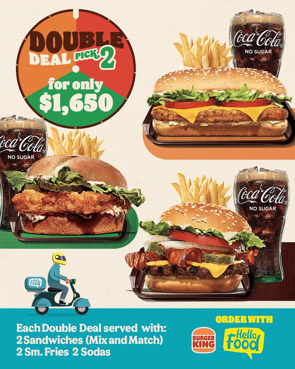 hellofoodja's tweet photo. Get lunch for two for just $1650 plus delivery when you order the Double Deal from Burger King!

PICK 2 Sandwiches, 2 small fries and 2 small sodas!

This exclusive offer won't last long so download our app to order now.

#HelloFoodJa #HelloFood #FoodDelivery #BKDoubleDeal https://t.co/PD9L2jWDwQ