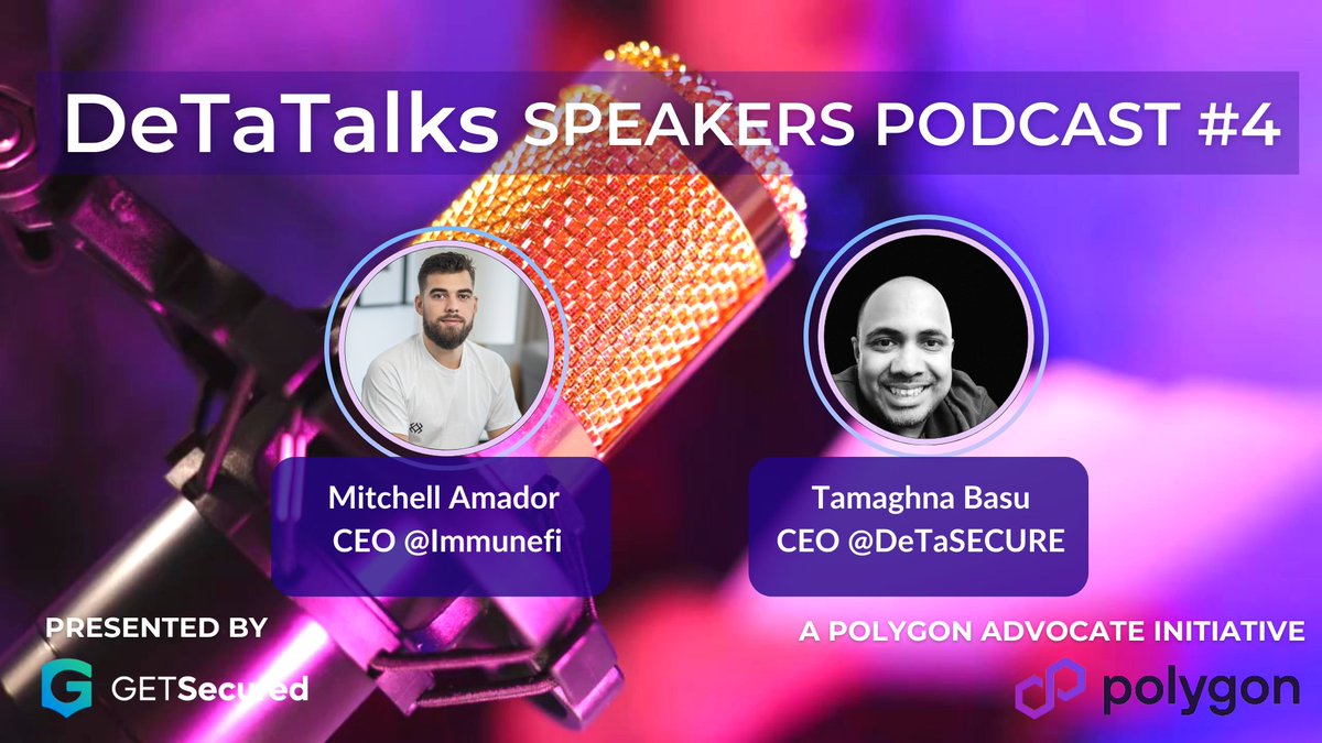 DeTaSECURE's tweet photo. ✨Join us for a DeTaTalks series Ep- 4, A Polygon Advocate initiative.
Our 4th speaker is Mitchell Amador from @immunefi and our host is @mnkbuddh from @GetsecuredAI
👀Watch now: https://t.co/YjjTV6oIB8
#DeFiSecuritySummit #DeTaTalks #Polygon #GETSecured #DeTaSECURE https://t.co/Y98kqFCFAp