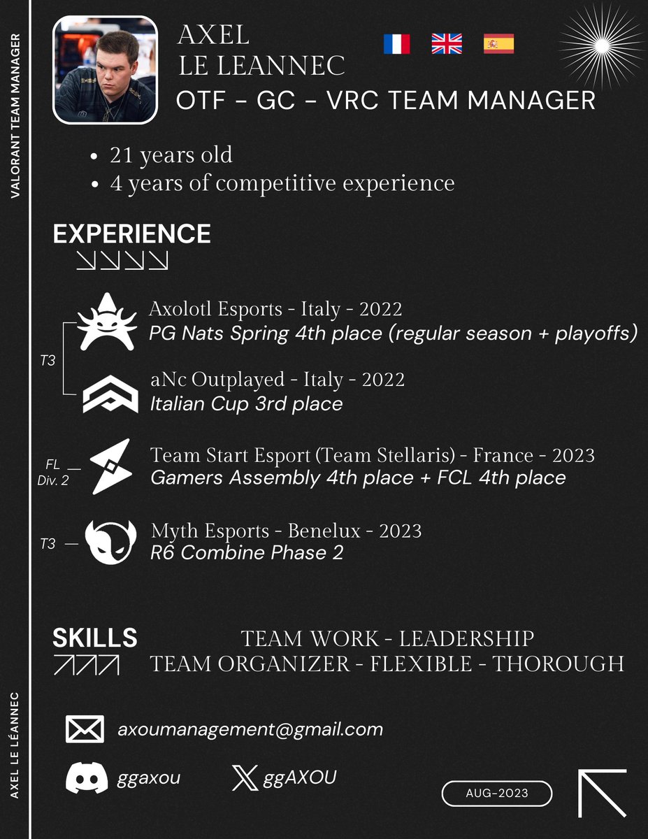 ggaxou's tweet photo. LFT en tant que team manager sur Valorant
- FR / EN / ES
- 𝗙𝘂𝗹𝗹 𝘁𝗶𝗺𝗲 jusqu'à début Septembre

Plus de détails en 𝗗𝗠 ou sur 𝗗𝗶𝘀𝗰𝗼𝗿𝗱
RT &amp; partages appréciés ❤️♻️ https://t.co/s5IY2rfJtY
