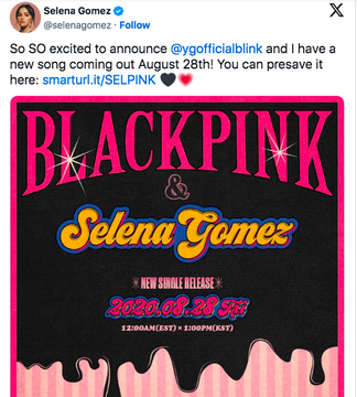 MusicAceee's tweet photo. Today, 3 years ago, BLACKPINK revealed the unnamed artist they will be collaborating with is THE Selena Gomez! #SELPINK
Global Excl. US : #6
South Korea Kpop Hot 100 : #2
Singapore RIAS : #2
Malaysia RIM : #2
US Rolling Stone Top 100: #9
US Billboard Hot 100: #13 https://t.co/Kt7r1dUoBI