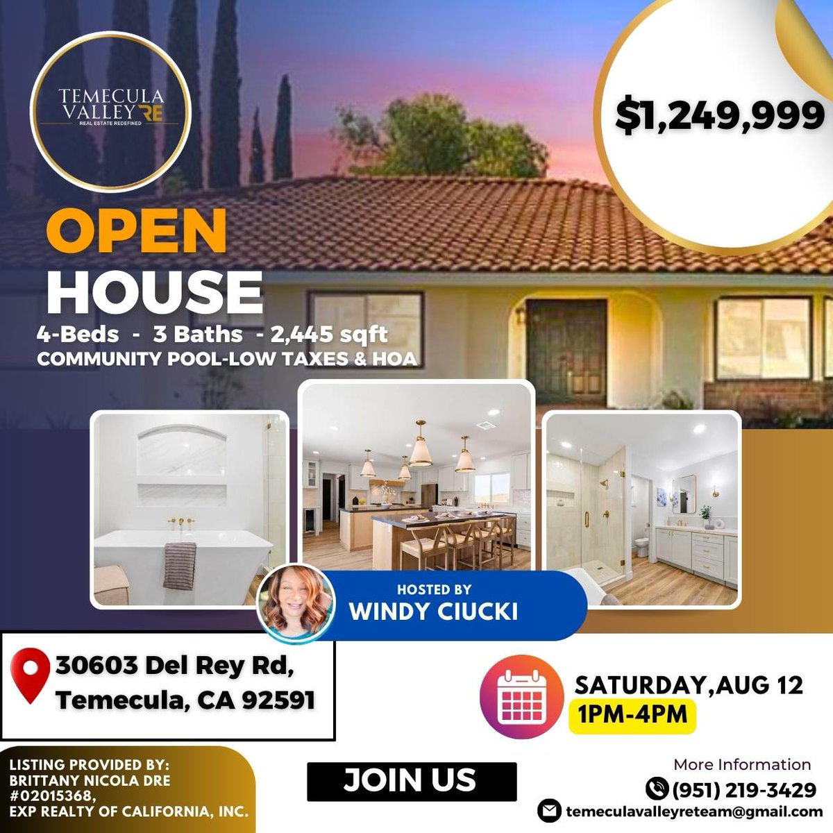 Temeculavalley7's tweet photo. 🏘️♥️OPEN HOUSE🏘️♥️
The Details: 
📌4 Bedroom 
📌3 Bath 
📌2,445 Sq. Ft
📌Low tax rate 
📌Built in 1979
📌Single family residence
📌Priced to sell at $1,249,999
30603 Del Rey Rd, Temecula, CA 92591
This home is priced to sell and will not be on the market very long! https://t.co/tY1GiIZKtj
