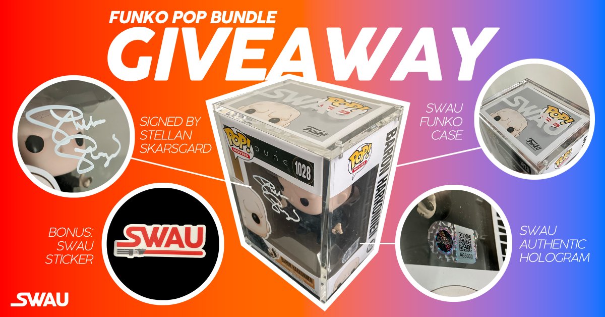 We are giving away the ONLY Funko Stellan Skarsgard signed during his signing + a SWAU Funko case & Sticker. To Enter: - Follow @swau_official - Like & RT - Tag 1 friend PER COMMENT for extra entries Winner will be announced next week. Good luck! #swau #dune #stellanskarsgard