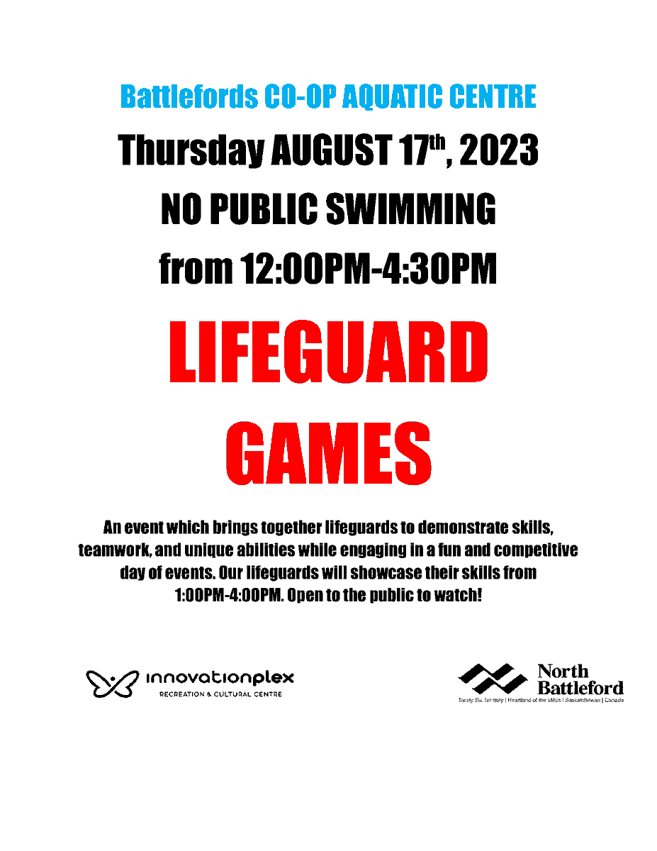 citynb's tweet photo. Next Thursday we've got a cool event happening at the Battlefords Co-op Aquatic Centre, if you want to come out and watch! 
Lifeguards from different places are coming to our community to participate in the Lifeguard Games. 

There will be no public swimming during this time. https://t.co/i8PI5tGj6S