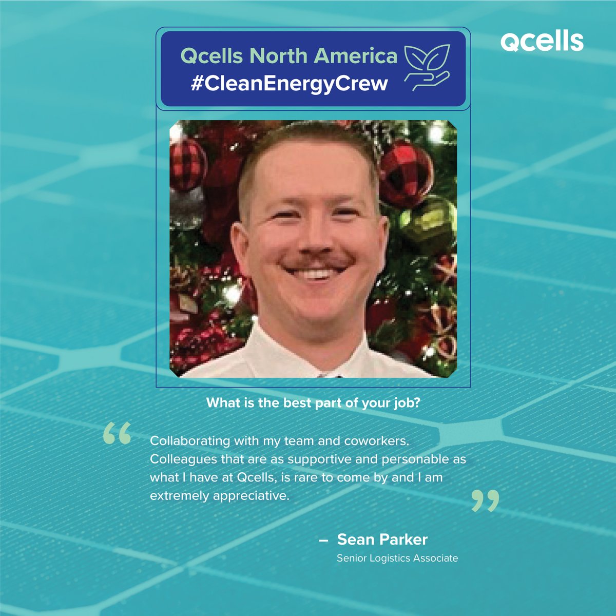 Qcells_NA's tweet photo. For this #CleanEnergyCrew, we're thrilled to introduce Sean Parker, our Senior Supply Chain Management Associate.
We're honored to have him as a part of our team. Here's what he has to say about the clean energy transition. Visit our website to learn more: https://t.co/5ABCG5ro9D https://t.co/ClGMFe5wWi