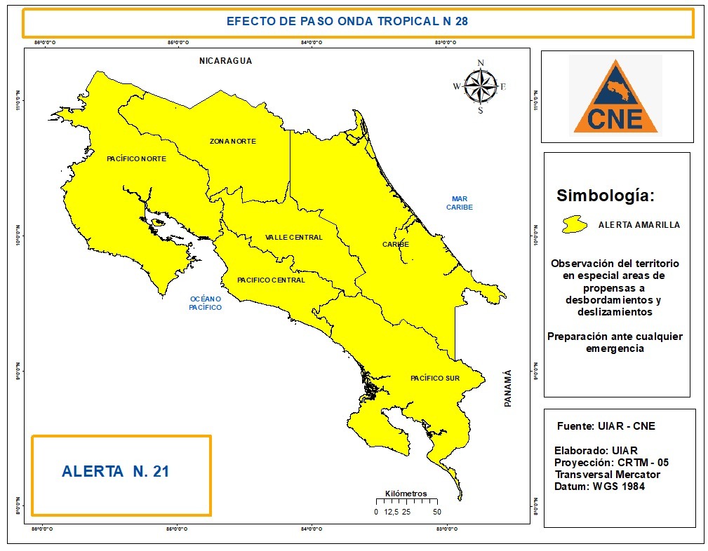 CNECostaRica's tweet photo. La CNE declara Alerta Amarilla en todo el país, debido al paso de la Onda Tropical #28 que ingresará este sábado y que podría mantener sus efectos hasta el próximo lunes 14 de agosto. ⛈️ https://t.co/DhmuiGTNIC