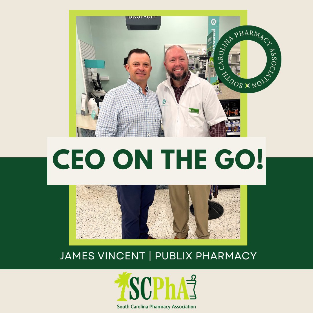 yourSCPhA's tweet image. Check out our #CEOontheGO! Brian Clark had the opportunity to visit with James Vincent from Publix Pharmacy in Aiken, SC! Thank you for having us, James! #ForAllofPharmacy #ForAllofSouthCarolina
.
.
.
#ChainPharmacy #PublixPharmacy #SCPhA #Pharmacist #OneVoice