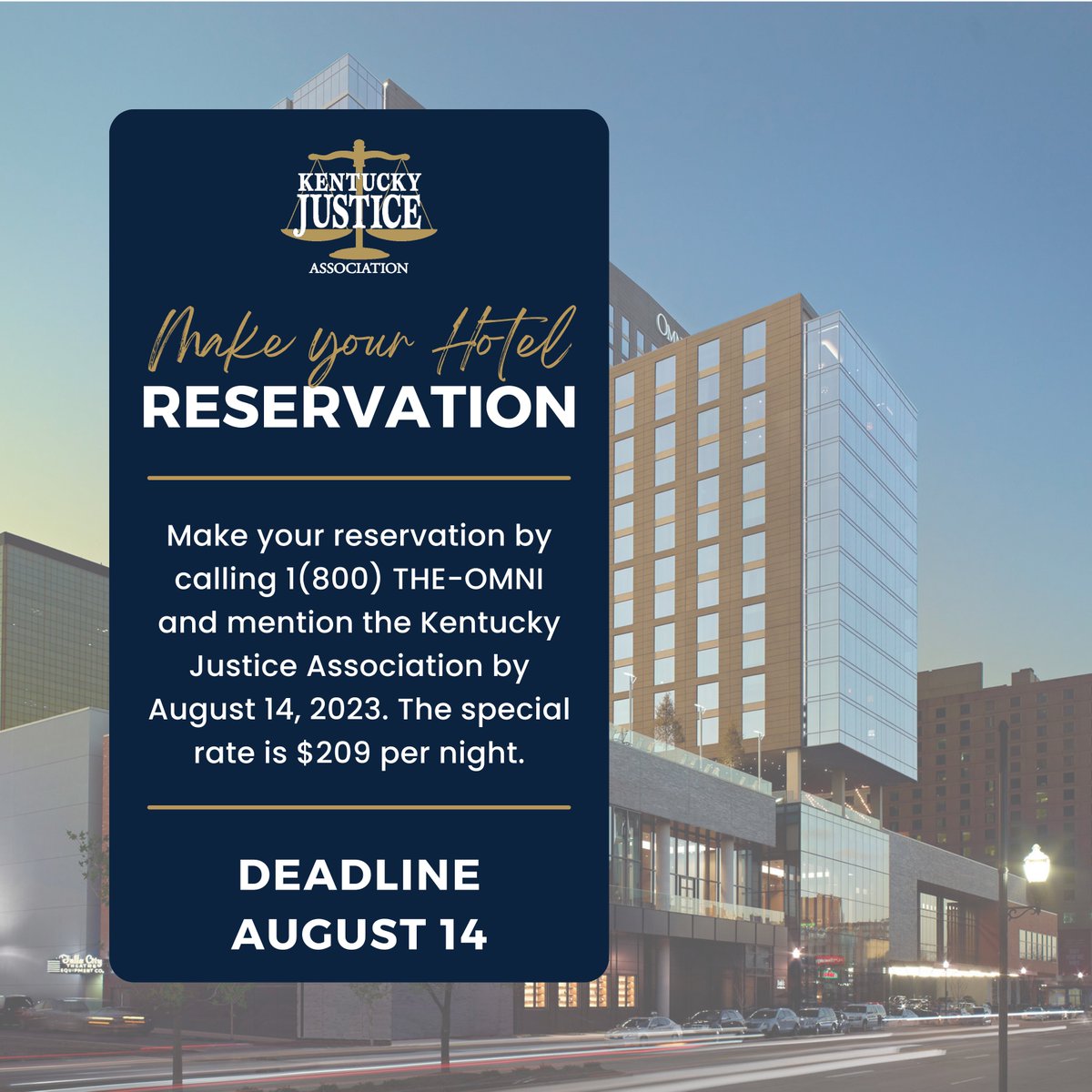 KentuckyJustice's tweet photo. The LAST date to book your Annual Convention hotel room is MONDAY, and rooms are EXTREMELY LIMITED.

Call 1-800-THE-OMNI (1-800-843-6664) to reserve your room and mention Kentucky Justice Association to get the special rate of $209 per night. https://t.co/piRaBUWCPL