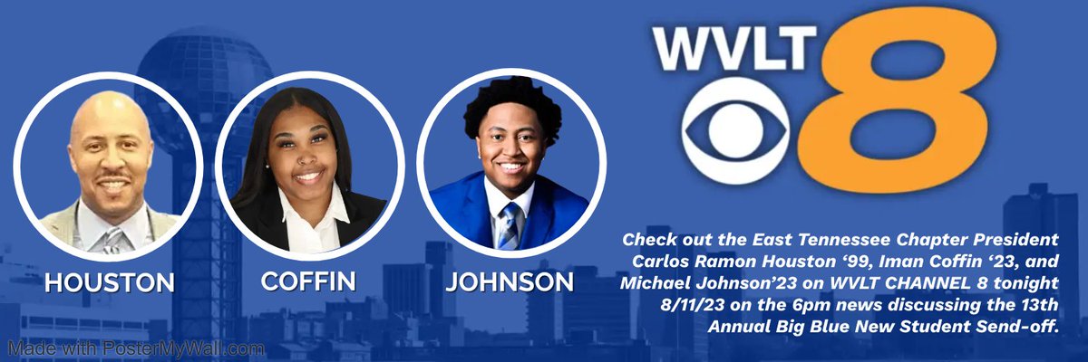 Check out the East Tennessee Chapter President Carlos Ramon Houston ‘99, Iman Coffin ‘23, and Michael Johnson’23 on WVLT CHANNEL 8 tonight 8/11/23 on the 6pm news discussing the 13th Annual Big Blue New Student Send-off. @_md10_ @iman_nicole1 @TSUedu @tsualumnitigers #TSU23