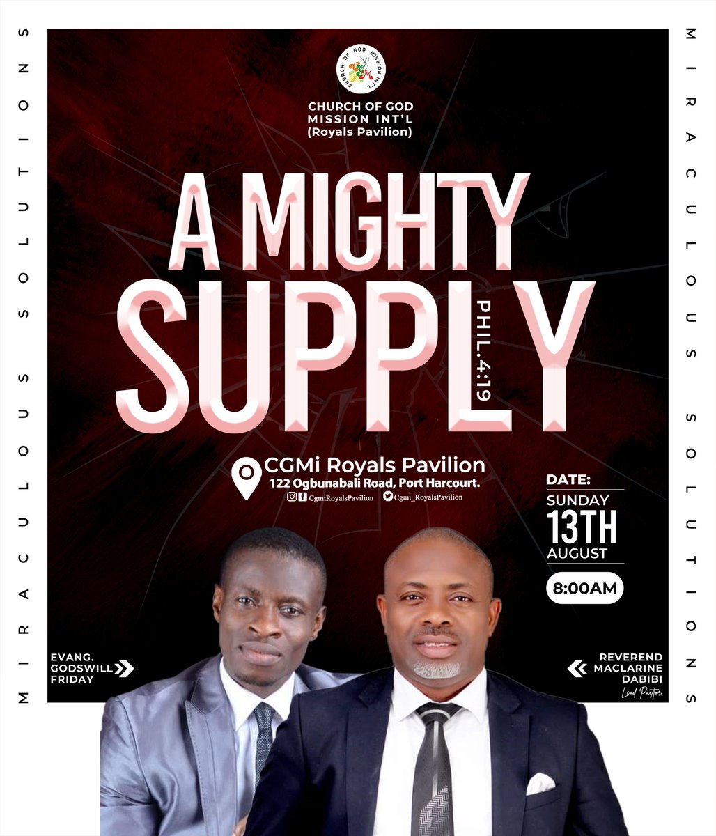 Royals_Pavilion's tweet photo. But my God shall supply all your need according to his riches in glory by Christ Jesus.

Hallelujah! There is a mighty supply.

See you in Church.

Date: Sunday, August 13th, 2023.
Time: 8am.
Venue: CGMi Royals Pavilion, 122 Ogbunabali Road, Port Harcourt.

#amightysupply #cgmirp https://t.co/EFZK0Wx9gu
