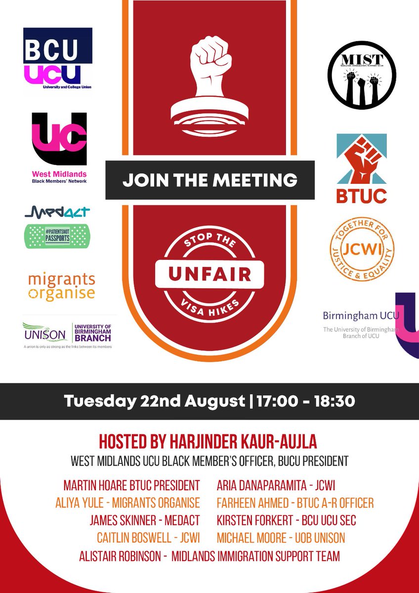 We're proud to be invited by <a href="/BirminghamUCU/">Birmingham UCU</a> to speak re huge planned hikes of visa application and health surcharge fees. 

If implemented, this will force people further into debt, leaving more at risk of exploitation and modern slavery.

Link to follow next week.