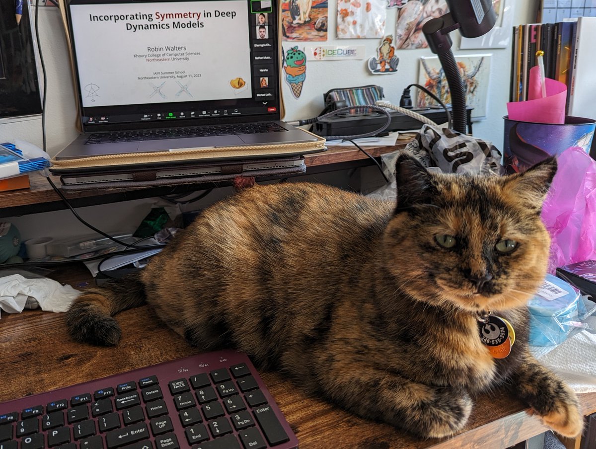 JessieLMic's tweet photo. Been attending IAIFI summer school all week at @Northeastern -- my first time on their campus! Had a little delay getting to campus this last morning (for cat meds), but I still had company during the lecture, which luckily came with a zoom link @iaifi_news https://t.co/eH2DQnu5eu