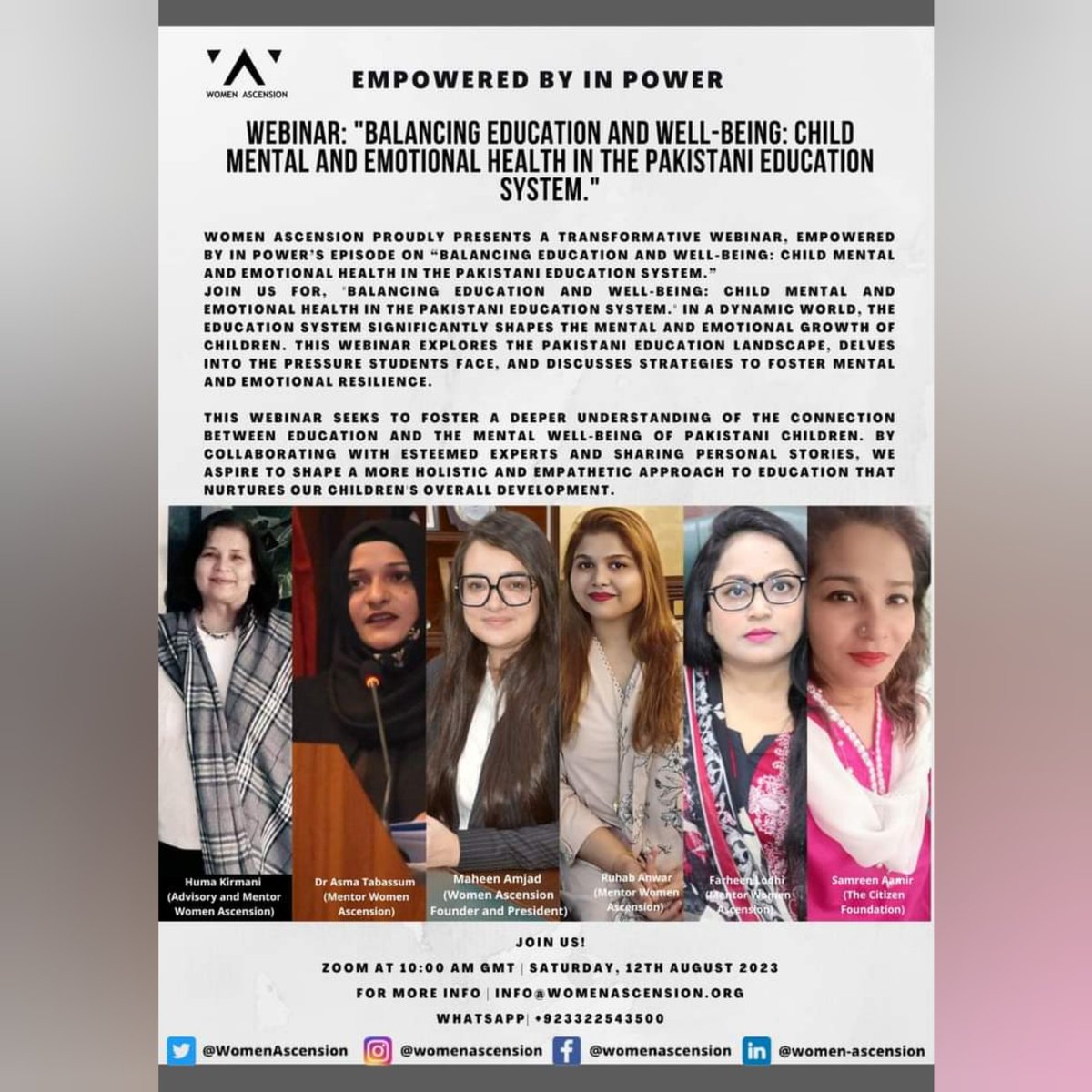 WomenAscension's tweet photo. Women Ascension proudly presents a webinar, Empowered By In Power’s episode on “Balancing Education and Well-being: Child Mental and Emotional Health in the Pakistani Education System.”
#WomenAscension #Education #MentalHealth #SDG3 #SDG4 #Women #EBIP #Pakistan #Global #Free https://t.co/m0qsoIvxec