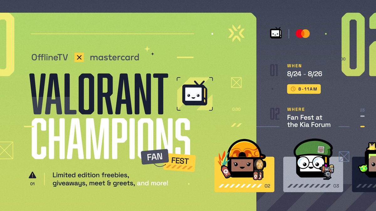 OFFLINETV x @MastercardGG AT VALORANT CHAMPIONS FAN FEST 💥 We're thrilled to announce our booth at the Champions Fan Fest from August 24th - 26th 🏙️ Visit our booth to meet OTV members and win limited edition giveaways!! More details below 👇