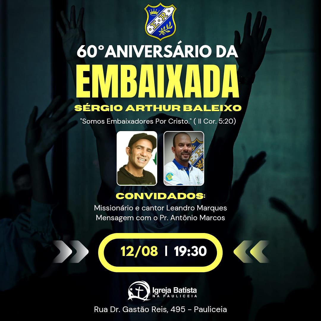 leandrobrvida's tweet photo. Igreja Batista na Paulicéia
SAB | 12-08 | 19:30h
Aniversário da Embaixada
Te vejo lá! https://t.co/C2bsRWp7Gu
