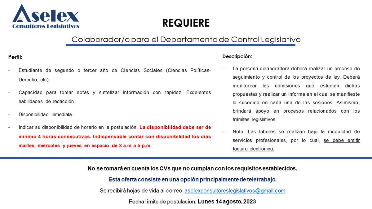 Cualquier consulta adicional al correo: aselexconsultoreslegislativos@gmail.com