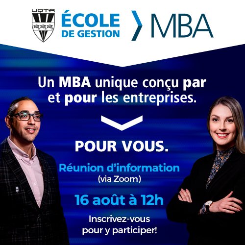 Un MBA unique conçu PAR et POUR les entreprises, 5 concentrations possibles, 3 sites de formation. Venez nous rencontrer !!!!
Inscription à partir du lien suivant :oraprdnt.uqtr.uquebec.ca/pls/public/gsc…
#AuMilieudesAffaires
#Drummondville
#ecoledegestionUQTR