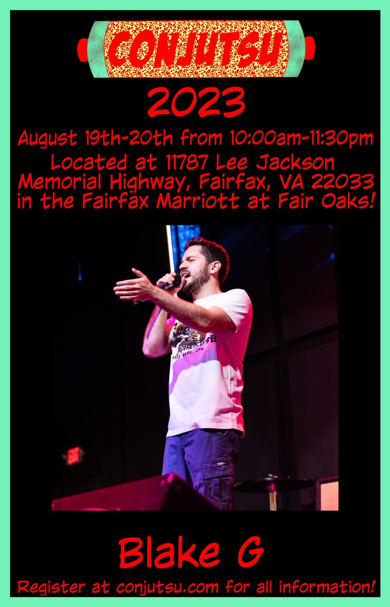 Conjutsu's tweet photo. I’m honored to announce @BlakeG703 will be a guest performing artist at Conjutsu 2023! Get your tickets today at https://t.co/3IULtxRJo9 thank you and see you there!
#BlakeG
#conjutsu2023
#anime
#animecon
#gamingcon
#livemusic
#artist
#singer
#songwriter https://t.co/qZekh1vyeR
