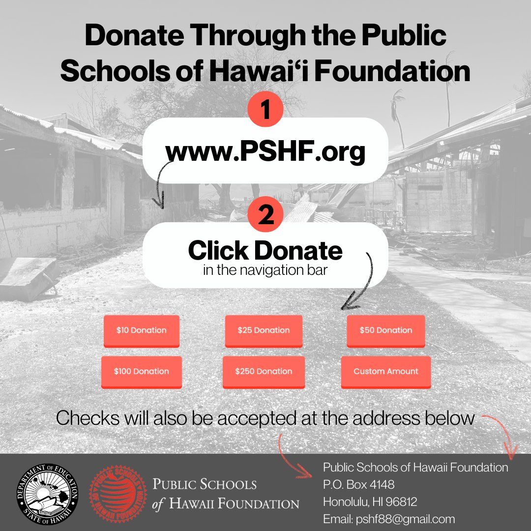 HIDOE808's tweet photo. We have partnered with the Public Schools of Hawaiʻi Foundation to accept monetary donations in support of our Maui school communities impacted by the devastating wildfires. Donations can be made at https://t.co/xAC7RzwnAh. https://t.co/HeXDOwyyjt