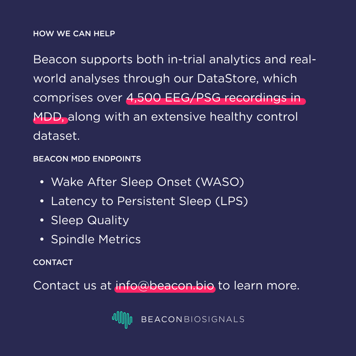 Sleep dysfunction is a core diagnostic criteria for depression, yet only a minor fraction of all trials have explored sleep as an endpoint.
Together, we can better characterize MDD using precision neurobiomarkers. Reach out to learn more!
lnkd.in/errYwFaE

#eeg #psg #MDD