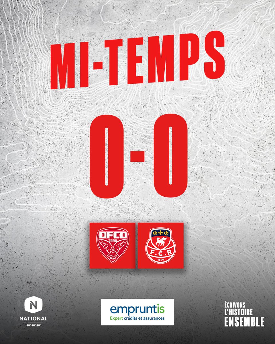#DFCOFCR | 🧭 𝟒𝟓’ 𝐌𝐢-𝐭𝐞𝐦𝐩𝐬

Fin d'une première mi-temps équilibrée. Bien en place défensivement, les Diables rouges ont manqué de justesse pour être plus dangereux.
Il reste 4️⃣5️⃣ minutes pour ramener des points de Bourgogne.

🤝Empruntis Rouen

#TeamFCR #Rouen ...
