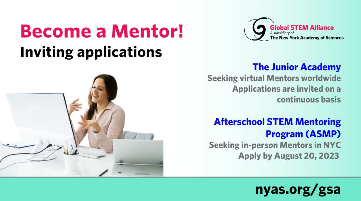 The Academy is inviting applications for Mentors! Our STEM mentoring programs offer a unique opportunity to make a lasting impact on the life and future career trajectory of students. Applications for ASMP Mentors close August 20! Learn more &amp; apply today: bit.nyas.org/3wXr1Ka