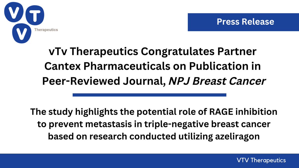 Exciting news! Our partner Cantex Pharmaceuticals announced a publication in NPJ Breast Cancer highlighting the potential role of RAGE inhibition to prevent metastasis in #TNBC @Nature_NPJ Read the full news release here: tinyurl.com/4xer4fwh