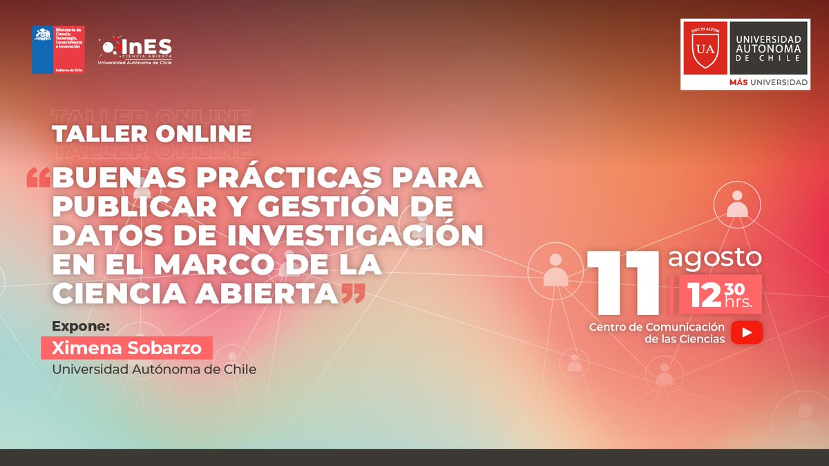UAinvestigacion's tweet photo. 💡¿Te lo perdiste?

📲Ya está disponible en youtube el taller "Buenas prácticas para publicar y gestión de datos de investigación en el marco de la ciencia abierta"

👉🏼https://t.co/jYLW9OQwF8

💯Y...se viene próximo taller 🔜
Pronto más información

#cienciaabierta #datosabiertos https://t.co/y762y4sBia