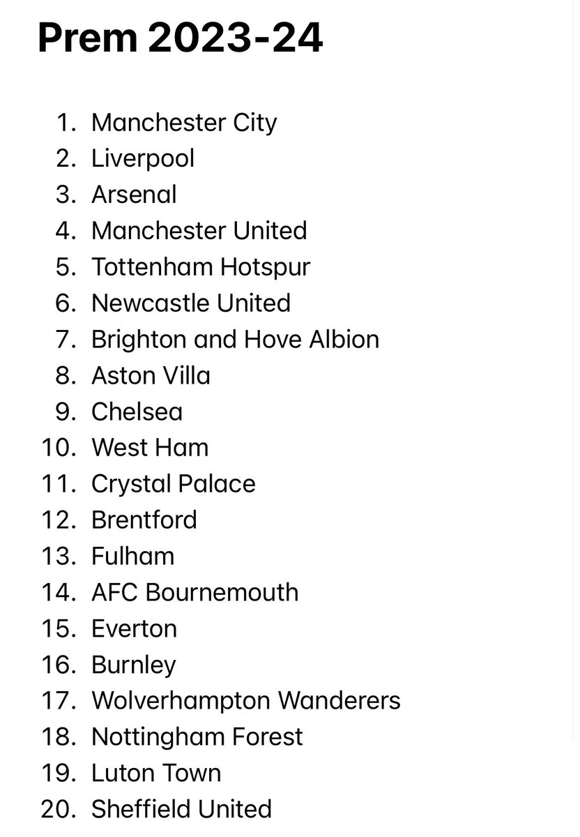 JBucks97's tweet photo. As the Prem kicks off in less than an hour, here’s my league table nobody asked for. If Ange can secure 5th without H, I’ll be a happy camper. Here we go! https://t.co/nlCS1gulc6
