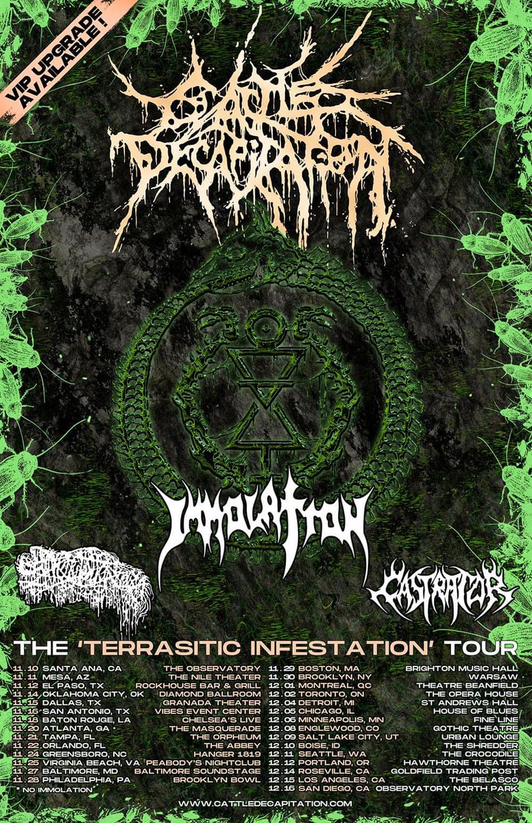 TICKETS ARE ON SALE NOW for the Terrasitic Infestation Tour featuring Cattle Decapitation, Immolation, Sanguisugabogg & Castrator! VIP Experiences available! GET EM HERE: tix.soundrink.com/tours/cattle-d… #cattledecapitation #immolation #sanguisugabogg #castrator