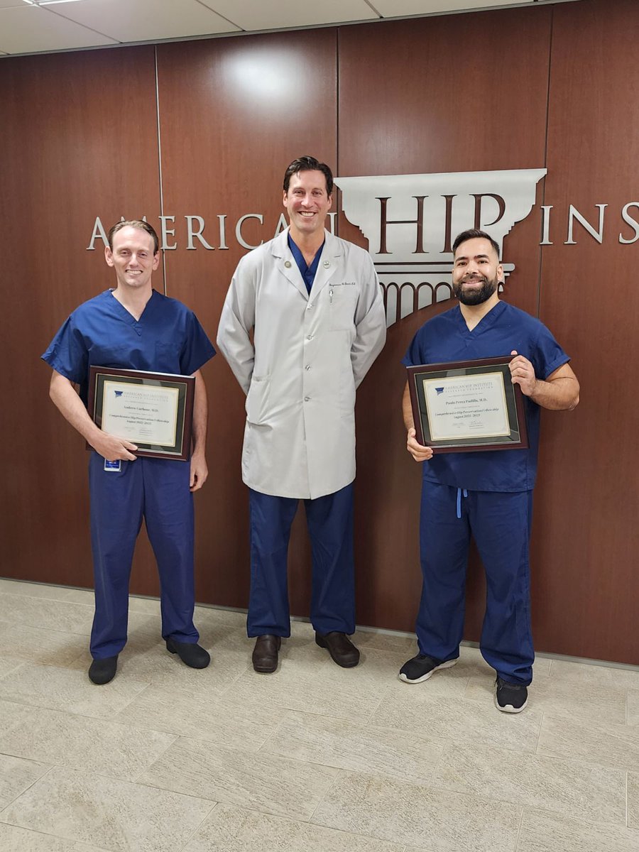Today, #DrAndrewCarbone and #DrPauloPadilla have completed their fellowship training in #hippreservation at the #AmericanHipInstitute under the instruction of #DrBenjaminDomb.  It was a true pleasure to have both doctors join the American Hip Institute team. #Congratulations
