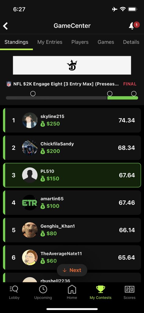 plaisance_'s tweet photo. @EstablishTheRun great show yesterday plus the last minute ping from @cmain7 that Cody Thompson was out, I switched to Landers and ended up in 3rd. ETR subs all at the top of the leaderboard, top notch stuff https://t.co/7QC6uDegjF