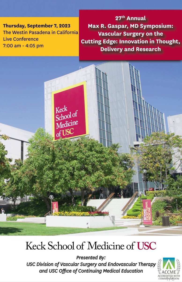 usc_vascular's tweet photo. The 27th Annual Max Gaspar Symposium is right around the corner!
Come learn with our Trojan #vascular surgeons and guest faculty in Pasadena!
This year: "Vascular Surgery on the Cutting Edge"
Register at https://t.co/pOvRugqrk3 by 9/1 for the early bird discount.
#cme #surged https://t.co/0C6yVzN9l7