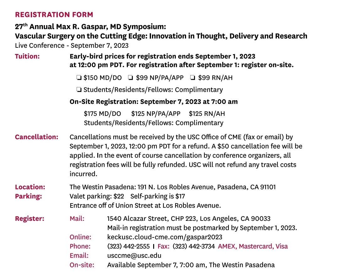 usc_vascular's tweet photo. The 27th Annual Max Gaspar Symposium is right around the corner!
Come learn with our Trojan #vascular surgeons and guest faculty in Pasadena!
This year: "Vascular Surgery on the Cutting Edge"
Register at https://t.co/pOvRugqrk3 by 9/1 for the early bird discount.
#cme #surged https://t.co/0C6yVzN9l7