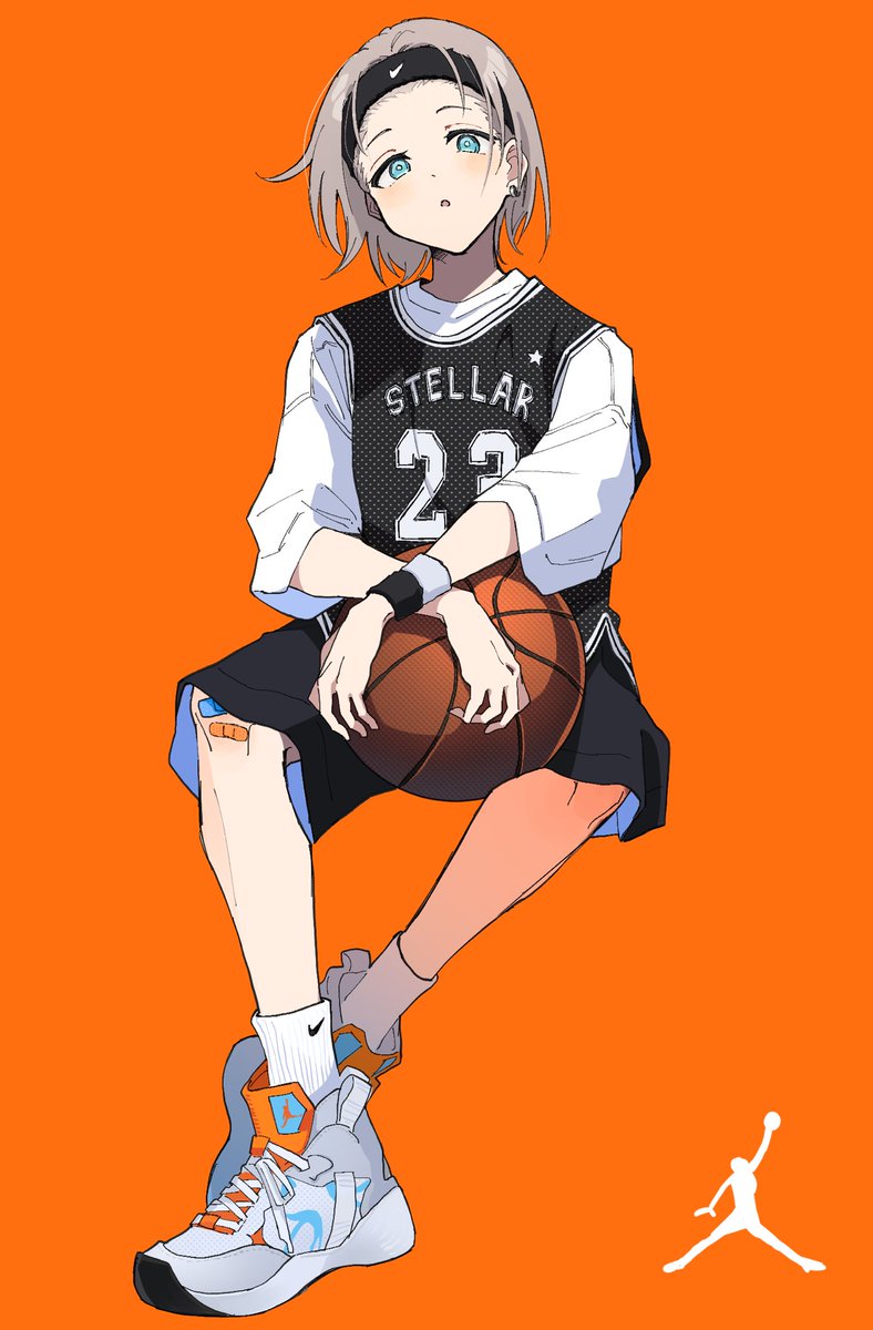 basketball 1girl solo orange background shoes sneakers short hair  illustration images