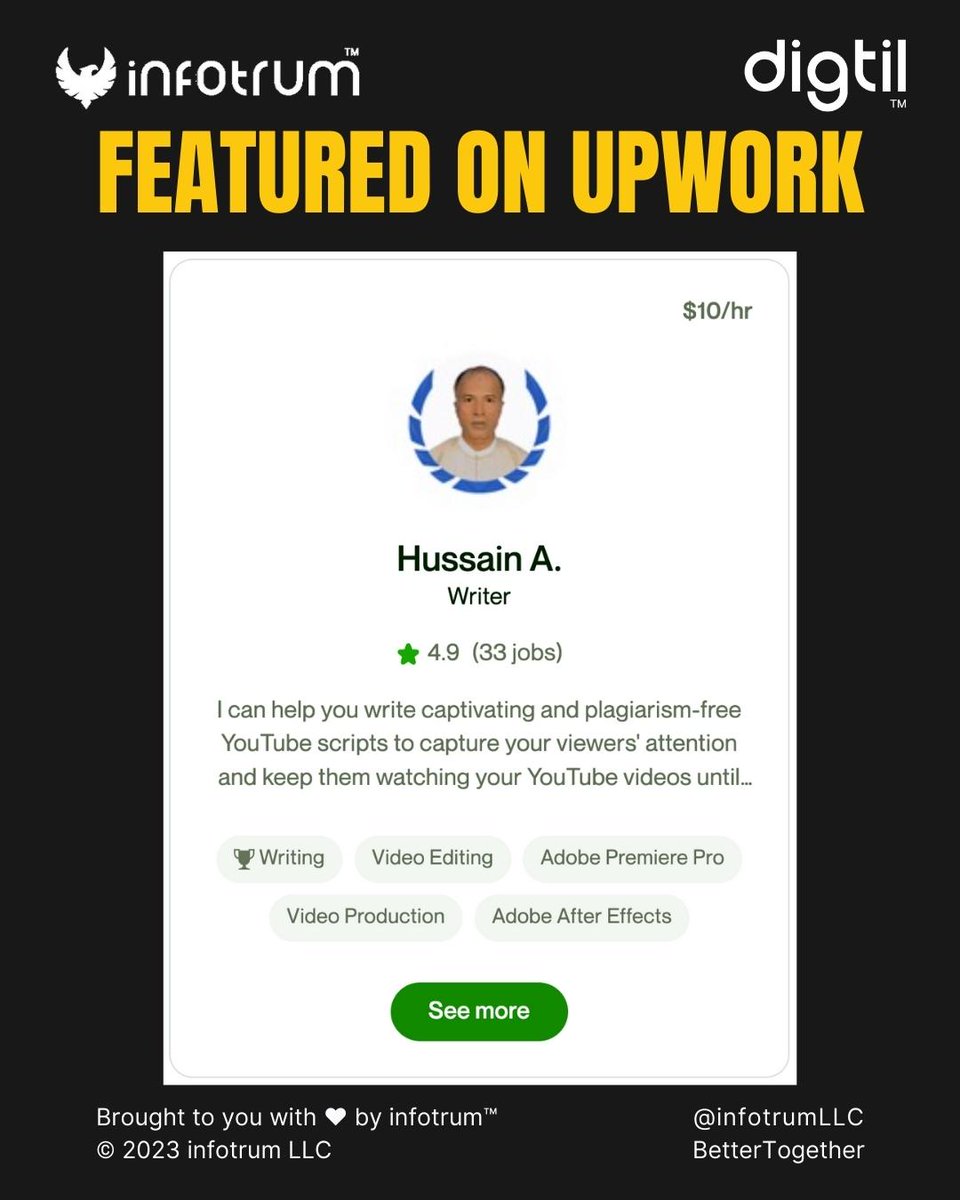 HussainAhmedNR's tweet photo. Featured on @Upwork

#freelancer #upwork #upworksuccess https://t.co/dyxaXO61hQ