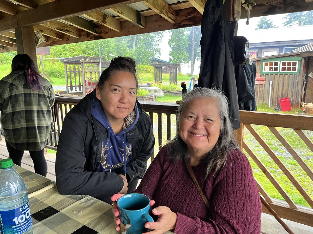 Ǧiáxsix̌a from the bottom of our hearts to these two beautiful women! Kim and Tess, thank you for spending two whole camps with the kids teaching them cedar weaving and working on regalia for our cultural program in Koeye. ❤️🌿