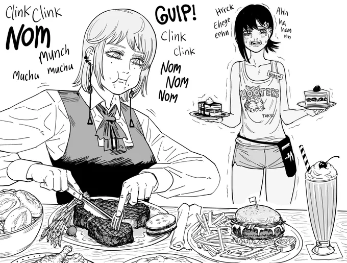Patreon request: Chainsaw Man, Fami, eating a steak.  Nothing fills my heart with warm fuzzy feelings like watching Kobeni viciously bullied.