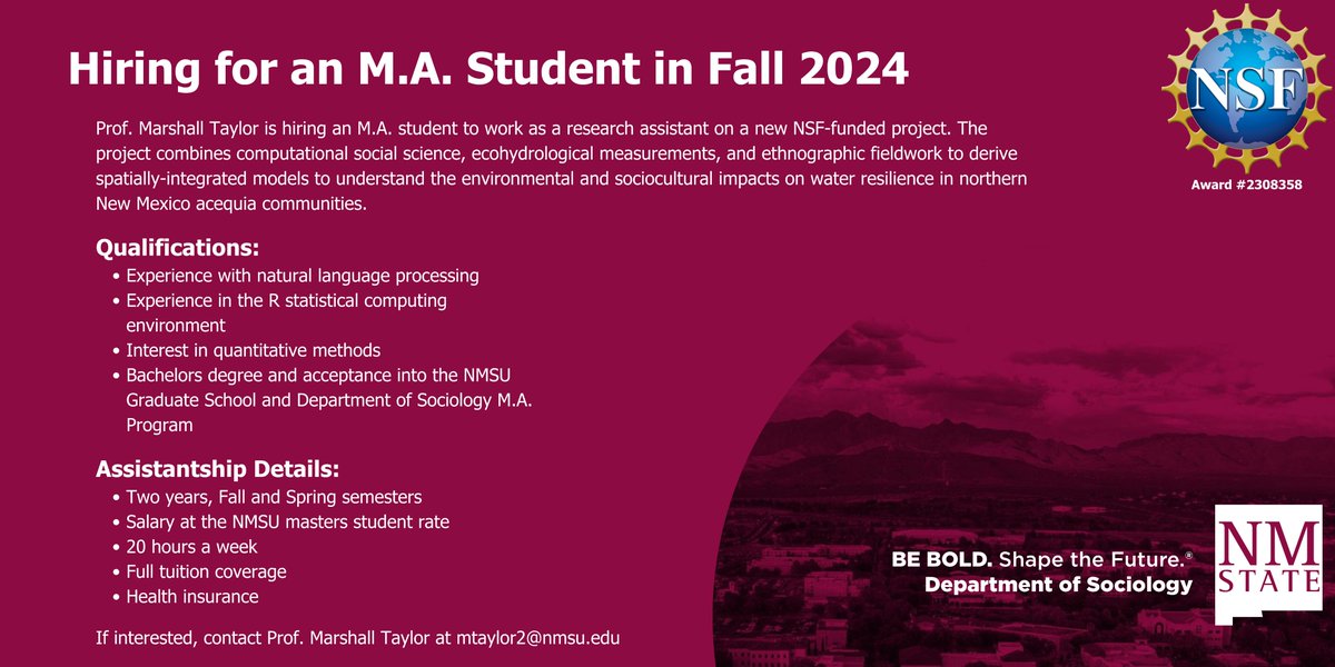 mtaylor_soc's tweet photo. I'm hiring for an M.A. research assistant next year. Two years, salary, full tuition coverage, student health insurance. Email me for inquiries and info! @nmsu @nmsu_HEST @NMSUVPR  #soctwitter https://t.co/n5H6DGO6br