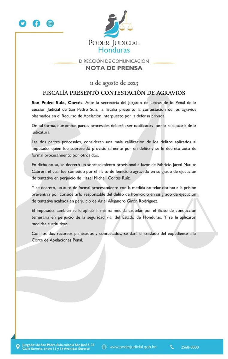 PJdeHonduras's tweet photo. Ante la Secretaría del #JuzgadoPenal de la Sección Judicial de #SPS #Fiscalía presentó la Contestación de Agravios en relación al Recurso de Apelación presentado por la #DefensaPrivada de Fabricio Matute. https://t.co/91c5oUlmBH