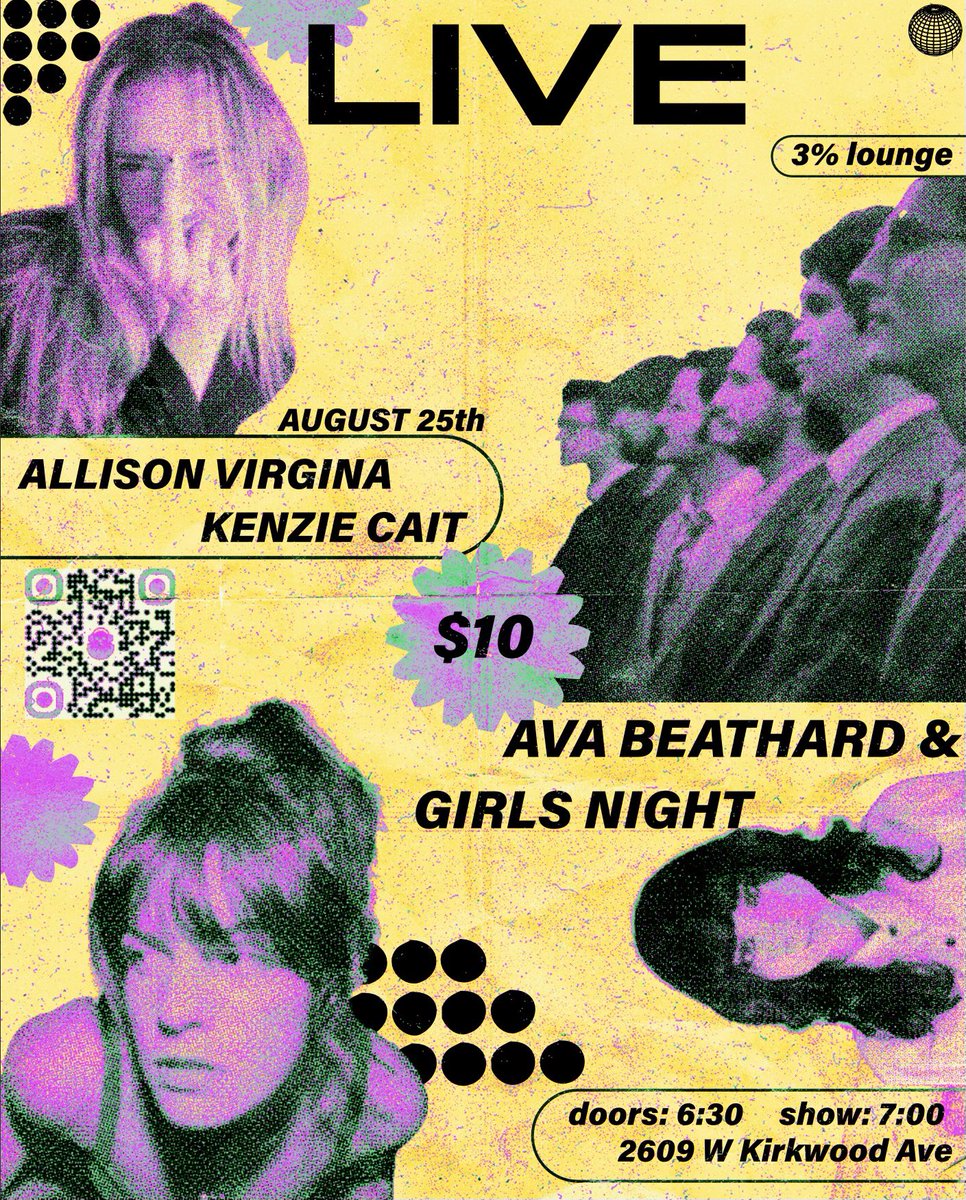 avabeathard's tweet photo. FIRST SHOW OF THE SEMESTER BABYY!! 🕺🏻come see me allison virginia, @_kenziecait and GIRLS NIGHT on FRIDAY AUGUST 25TH at 2609 W Kirkwood Ave!! 🪩🎸🪩it's gonna be a blast bring all your friends! https://t.co/yWHOPPXF5U https://t.co/8JRWxJy1Wm