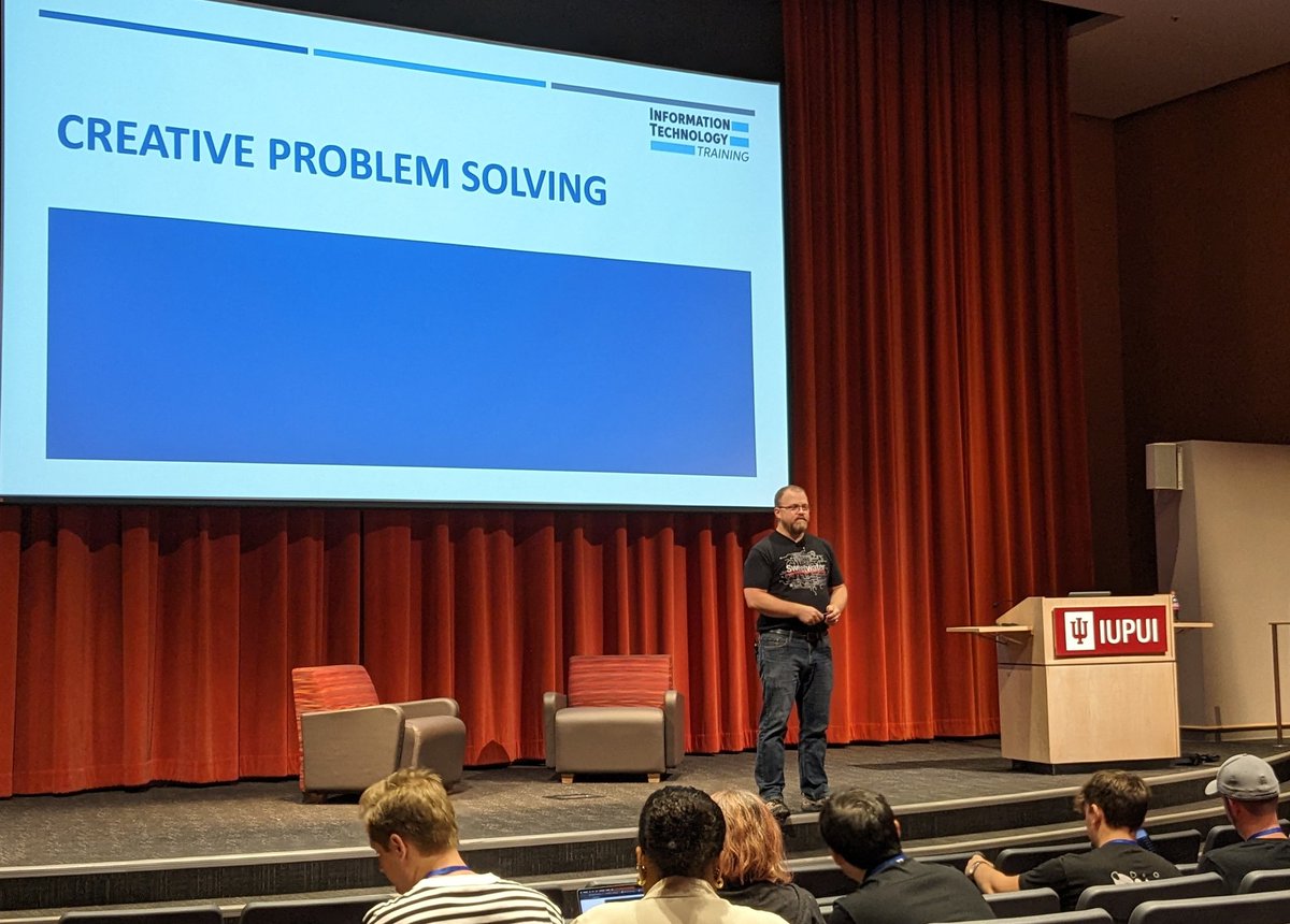 mgroves's tweet photo. It's @pottereric on the big stage at #IndyCode, talking "Creative Problem Solving" https://t.co/exWusJaT2Z