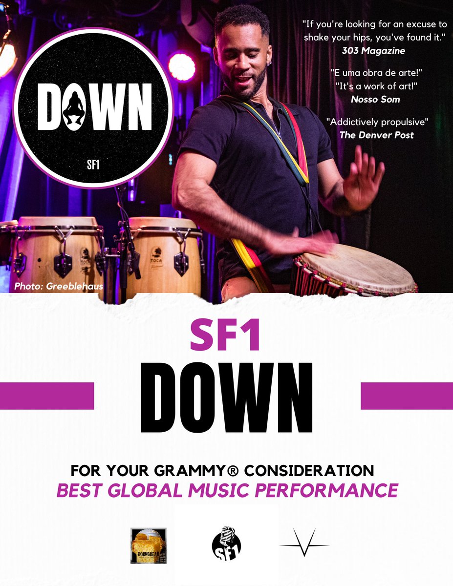 .@SF1music 'DOWN'

For your GRAMMY®️ consideration in the 
'Best Global Music Performance' category!

Listen here: 
open.spotify.com/track/6Pt0wWPh…

#sf1music #Down #sf1down #grammys #fyc #cornbreadent #btellc #markfullermastering #recordingacademy #twerkmusic #globalmusic #worldmusic
