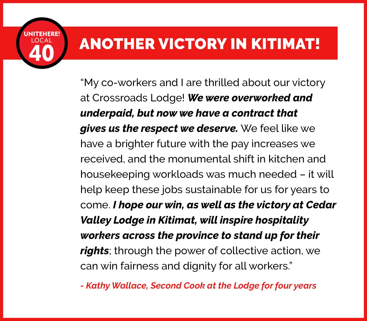 UniteHere40's tweet photo. CONGRATULATIONS to our members at Crossroads Lodge in Kitimat! Read the Press Release: https://t.co/BrBOfZc1sl #bclab #canlab #bcpoli #cdnpoli #britishcolumbia #canada #kitmat #LNGCanada https://t.co/Igpq9wHE4v