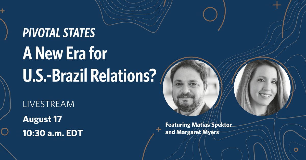 What potential does the U.S.-Brazil relationship hold? How should the United States & #Brazil best cooperate on key global challenges like climate change? Join @MatiasSpektor, @MyersMargaret, & @CChivvis on Thursday 8/17 for our Pivotal States discussion: carnegieendowment.org/2023/08/17/piv…