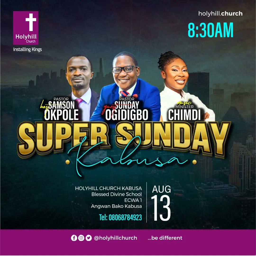 SOgidigbo's tweet photo. I am inviting You to join me at Holyhill Church Mpape for Super Sunday.

Come and learn how prophecies underpins your life here on earth and in eternity.

You can also join in the service live at our worship centers at Kubwa, Kabusa, Gwagwalada and the Purple Place.

Time: 8:30am https://t.co/qgfzGqGOZO