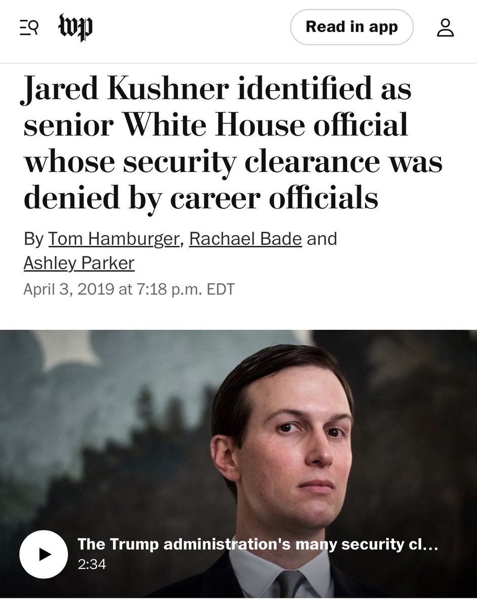 reminder that Jared and Ivanka were denied top secret security clearances for reasons unknown and Trump overrode that decision and gave them clearances anyway and Jared later got billions from the Saudis, enjoy your day wapo.st/449YSxM